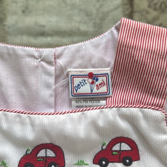 Petit Ami Boys Embroidered Red Car Striped Jon Jon - Picture 5 of 6
